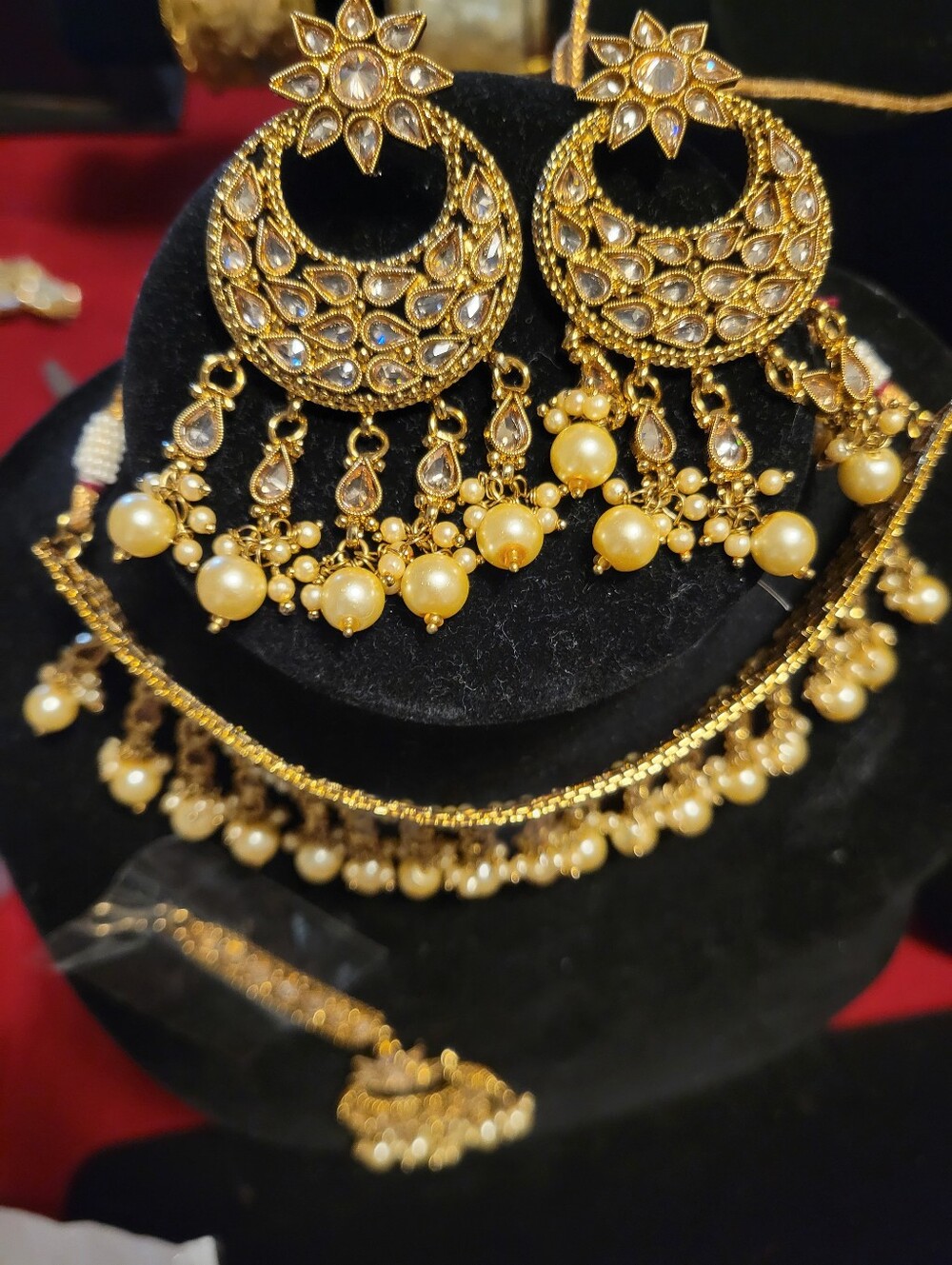 Gold Pearl Chandbali Earrings and Necklace Set - Women Jewelry